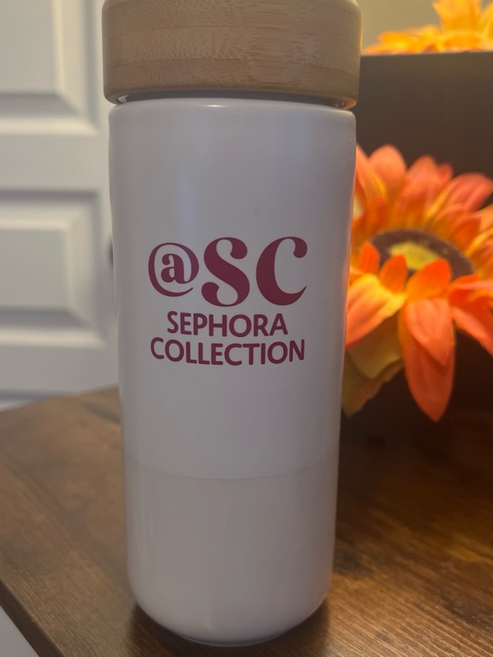 Sephora Collection White Travel Tumbler with Pink Logo and Wood Lid